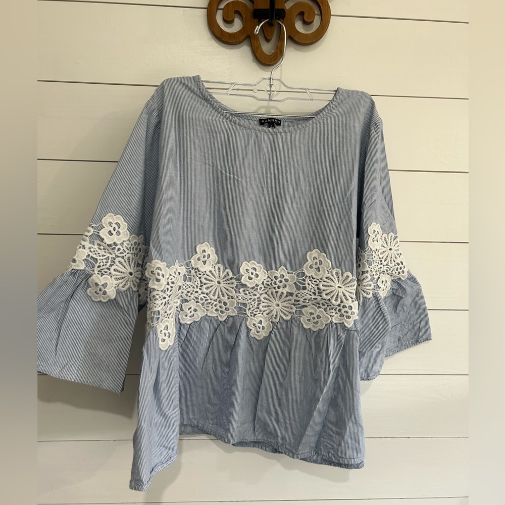 Hannah Light Blue Blouse with White Floral Lace